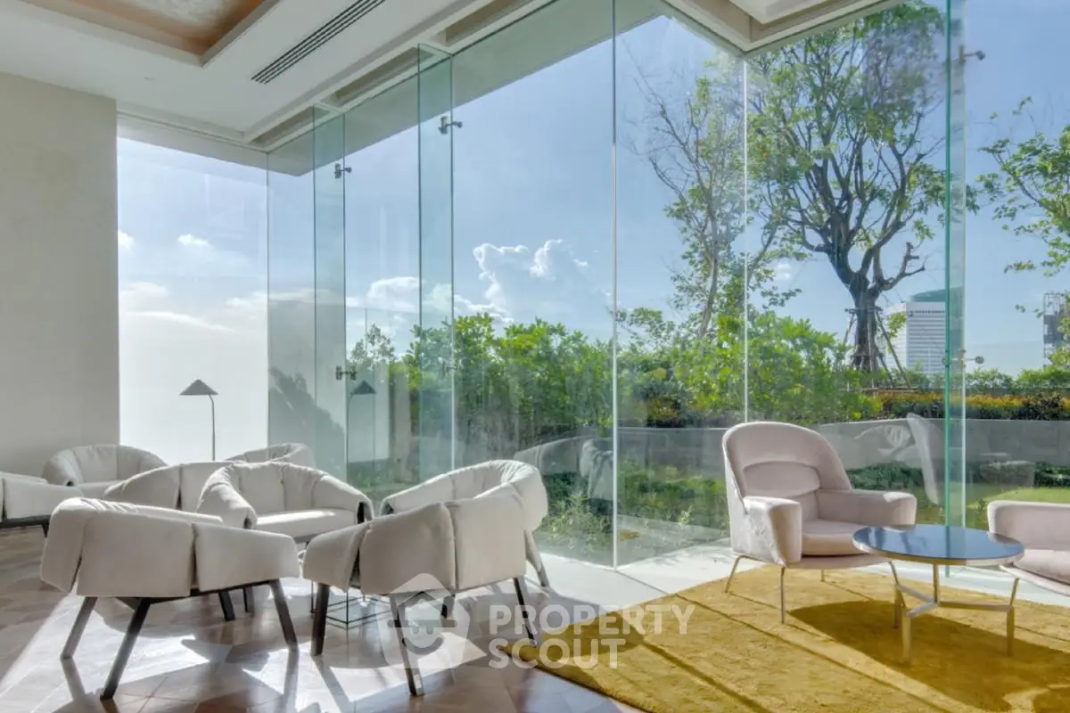 Luxurious living room with floor-to-ceiling windows and garden view