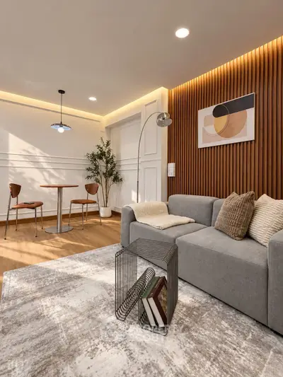 Modern living room with stylish decor and cozy seating area