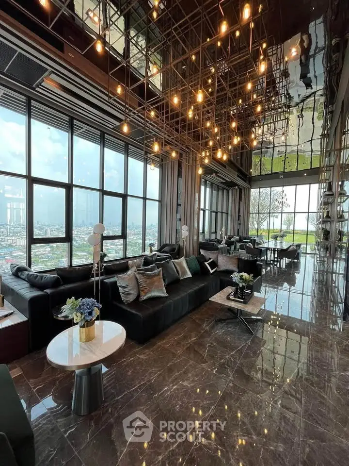 Luxurious high-rise living room with stunning city views and modern lighting