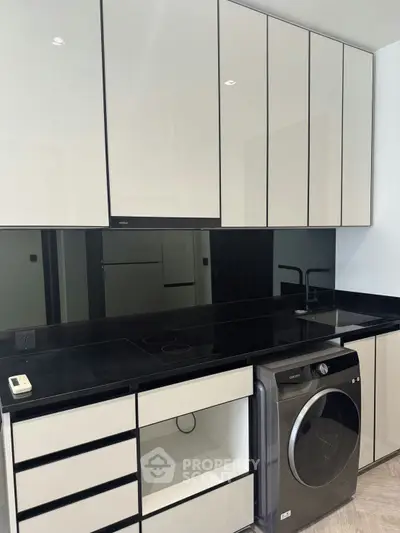 Modern kitchen with sleek cabinetry and built-in washing machine