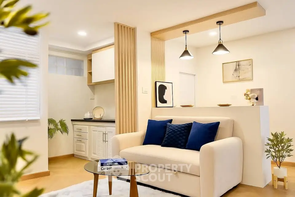 Modern living room with stylish decor and cozy seating area