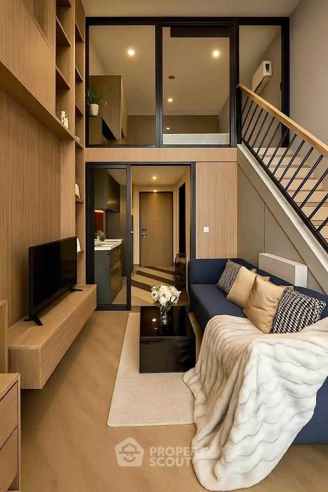 Modern duplex living room with stylish decor and cozy ambiance