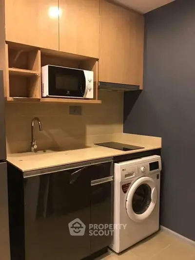 Modern kitchen with sleek appliances and compact design, featuring a washing machine and microwave.
