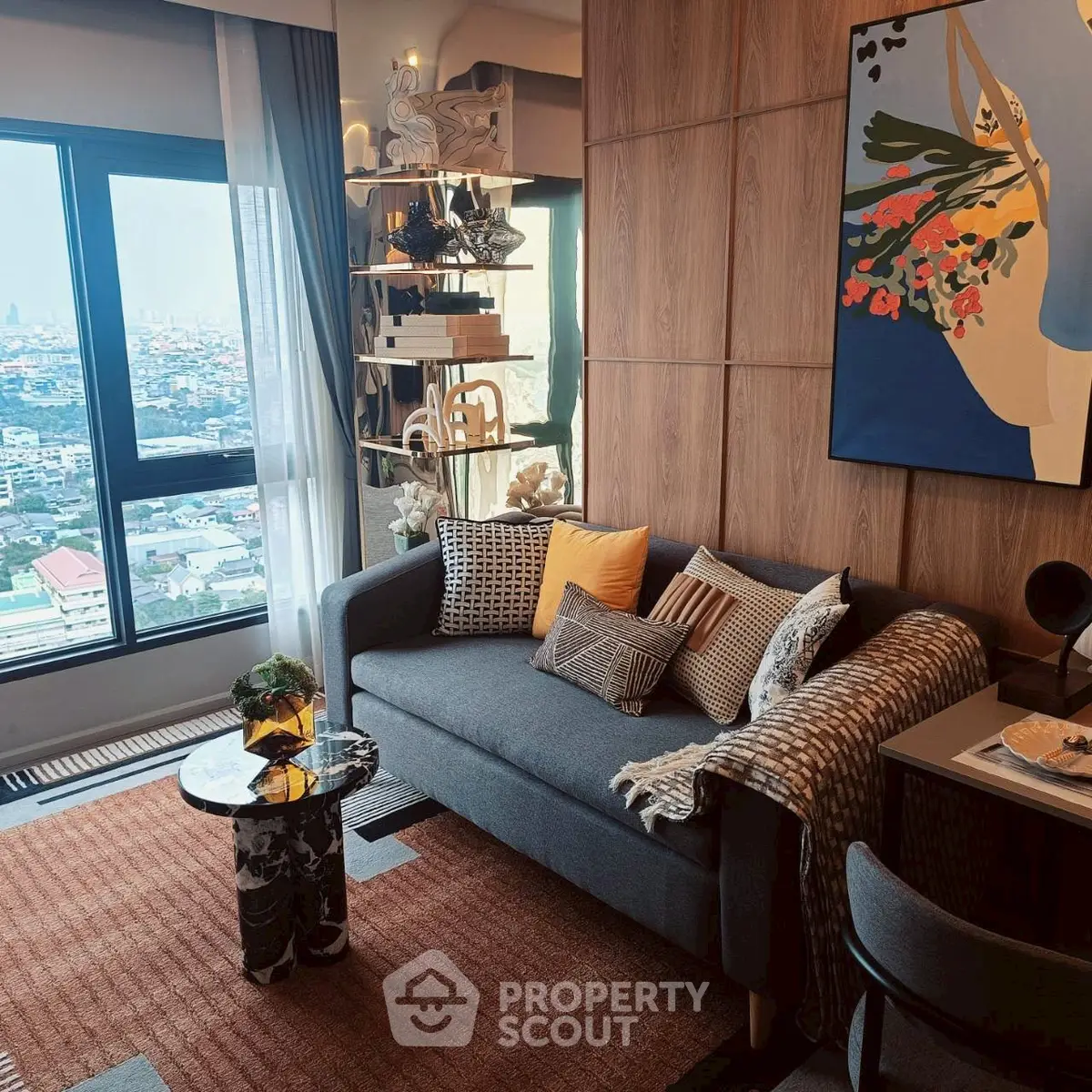 Stylish living room with modern decor and city view