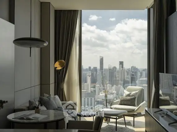 Luxurious living room with stunning city view, modern decor, and large windows.
