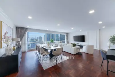 Spacious modern living room with city view, elegant decor, and ample natural light.