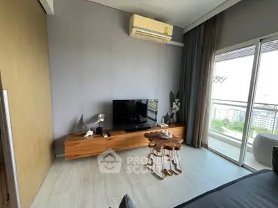 Modern living room with stylish furniture and city view balcony