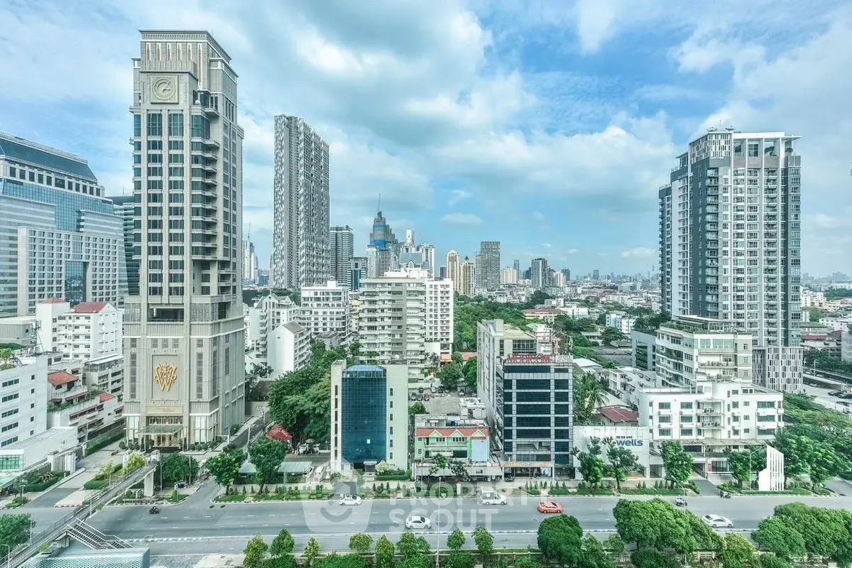 Stunning cityscape view showcasing modern high-rise buildings under a clear blue sky.