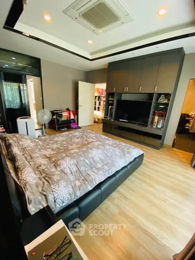 Spacious modern bedroom with stylish decor and ample storage