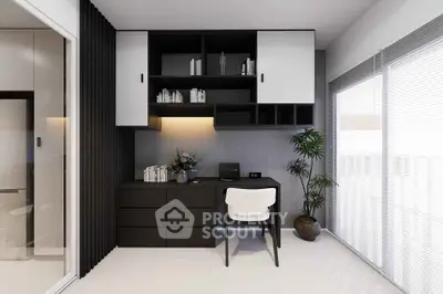 Modern study room with sleek desk and built-in shelving, natural light from large windows.