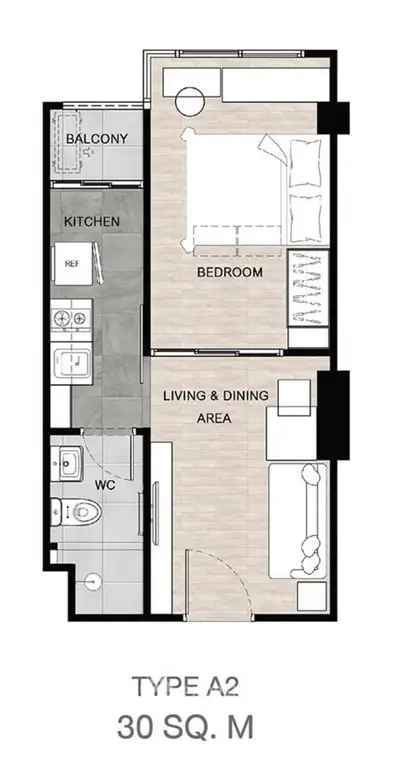 Compact 30 sqm apartment floor plan with bedroom, kitchen, living area, and balcony for modern urban living.