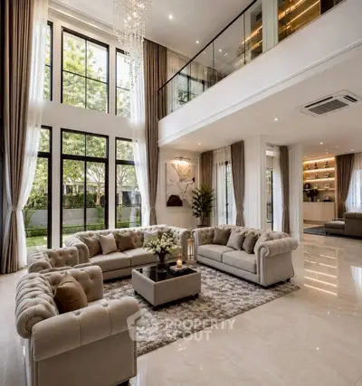 Luxurious double-height living room with elegant sofas and large windows offering garden views.