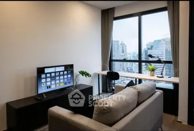 Modern living room with city view, sleek sofa, and smart TV, ideal for urban living.