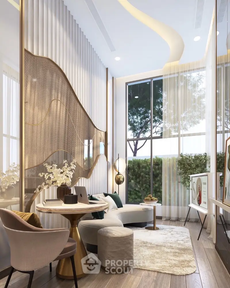 Luxurious modern living room with elegant decor and large windows