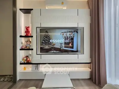 Modern living room with stylish entertainment center and cozy decor