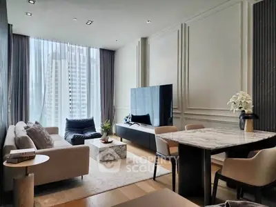 Luxurious modern living room with elegant decor and city view