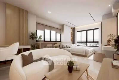 Luxurious modern studio apartment with elegant decor and large windows offering stunning views.