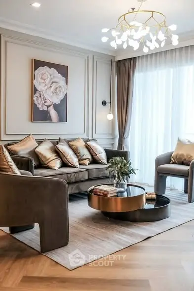 Luxurious living room with elegant decor and modern lighting