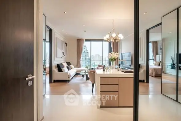 Elegant modern living room with city view, stylish decor, and open layout.