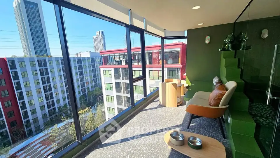 Modern high-rise apartment with panoramic city views and stylish interior design.