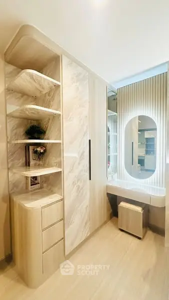 Modern bathroom with elegant cabinetry and stylish mirror design