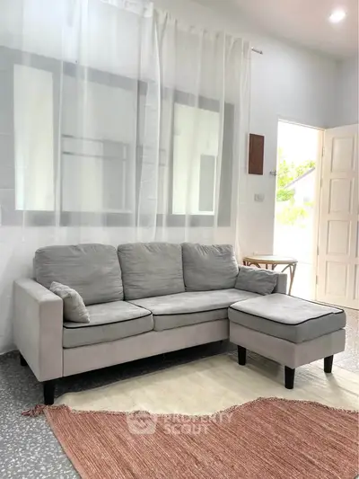 Cozy living room with modern gray sofa and natural light