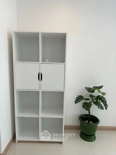 Minimalist interior with white shelving unit and potted plant on glossy tiled floor.
