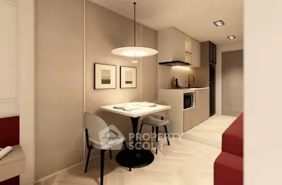 Modern kitchen with dining area featuring sleek design and cozy ambiance.