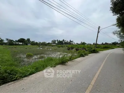 Scenic view of a rural road alongside lush greenery and open fields, perfect for development.