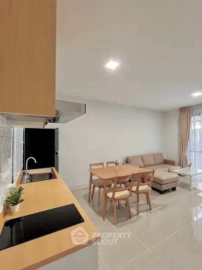 Modern open-layout kitchen and living room with sleek design and cozy furniture.
