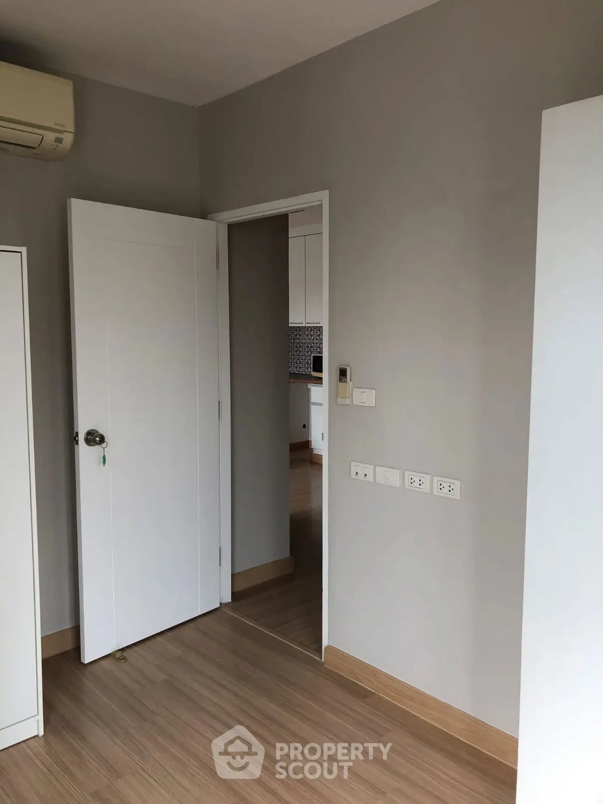 Modern interior with wooden flooring and white door, showcasing minimalist design.