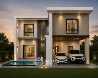 Modern luxury villa with pool and double garage at sunset, showcasing sleek architectural design.