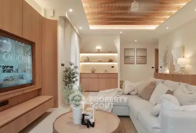 Luxurious modern living room with cozy sectional sofa and stylish wooden accents