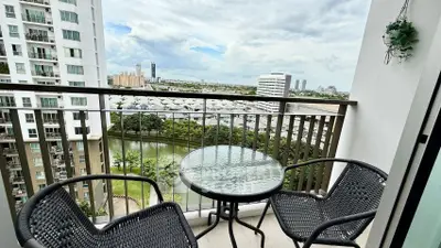 Charming balcony with city view, perfect for relaxation and enjoying the skyline.