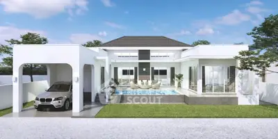 Modern luxury villa with pool and carport, featuring sleek white architecture and lush green lawn.