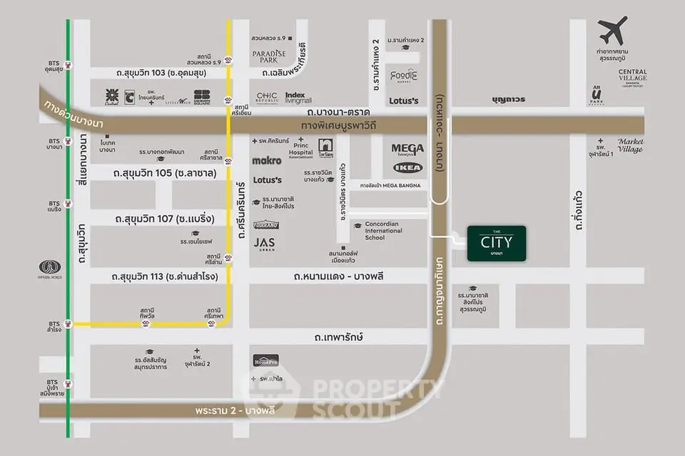 Map showing real estate location near major roads and landmarks in a city.
