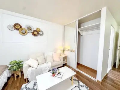 Cozy living room with stylish decor and mirrored closet doors