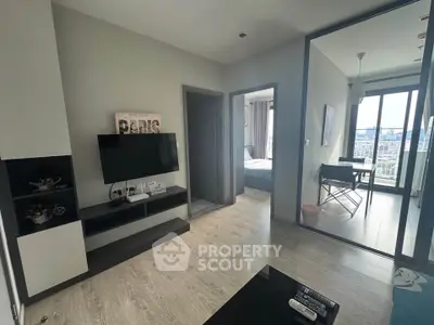 Modern apartment interior with sleek design and city view