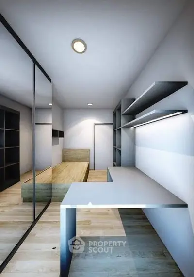 Modern minimalist bedroom with sleek design and ample storage space.