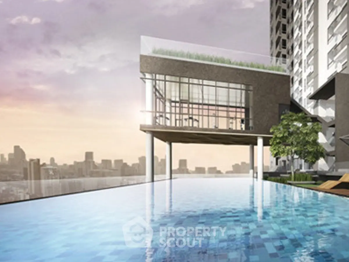 Luxurious rooftop infinity pool with stunning city skyline view at modern high-rise building.