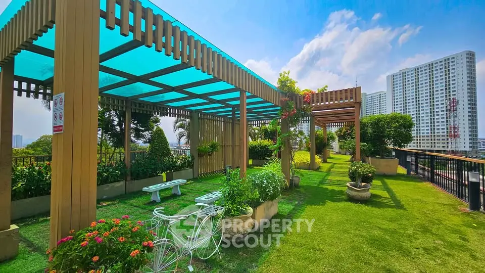 Stunning rooftop garden with pergola and city skyline view
