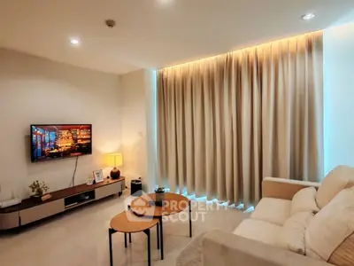 Cozy living room with modern decor and ambient lighting