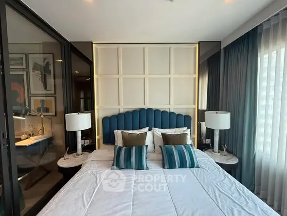 Luxurious modern bedroom with elegant decor and ambient lighting