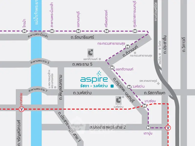 Map showing location of Aspire Ratchada-Wongsawang with nearby streets and metro stations.