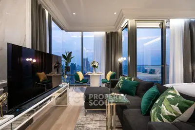 Luxurious modern living room with panoramic city view and elegant decor