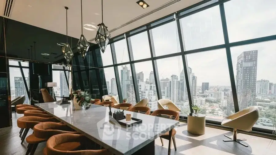 Luxurious modern dining area with panoramic city views and elegant decor.
