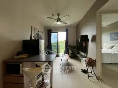 Modern living room with open layout and balcony view