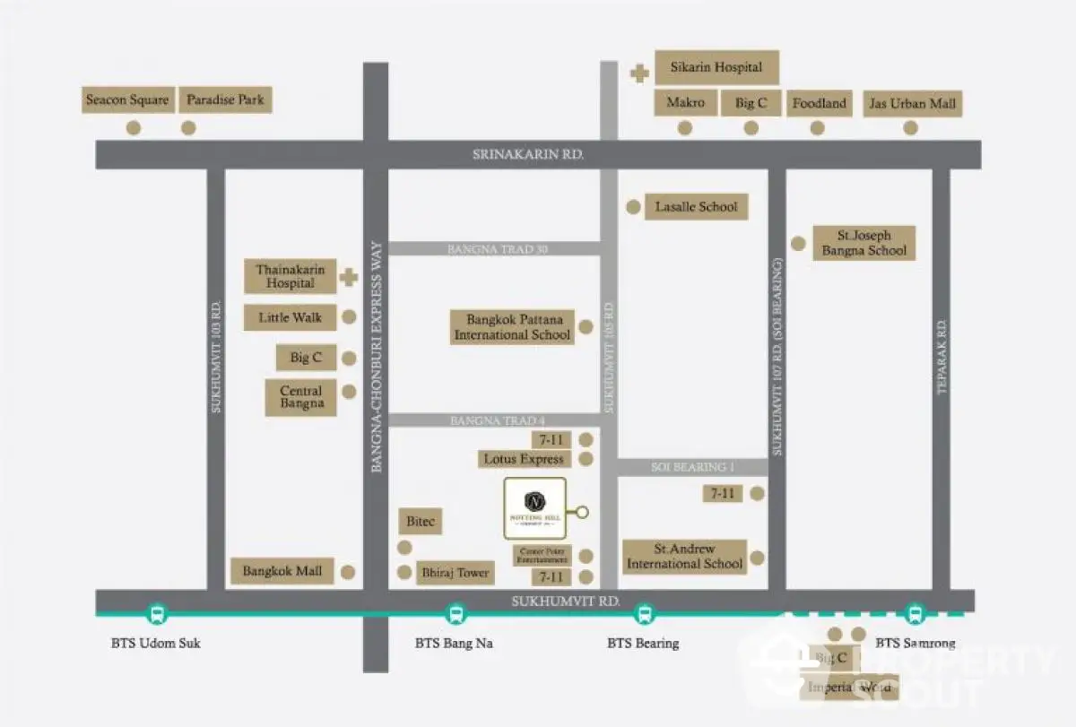 Map showcasing prime real estate locations near Bangkok with schools, malls, and hospitals.