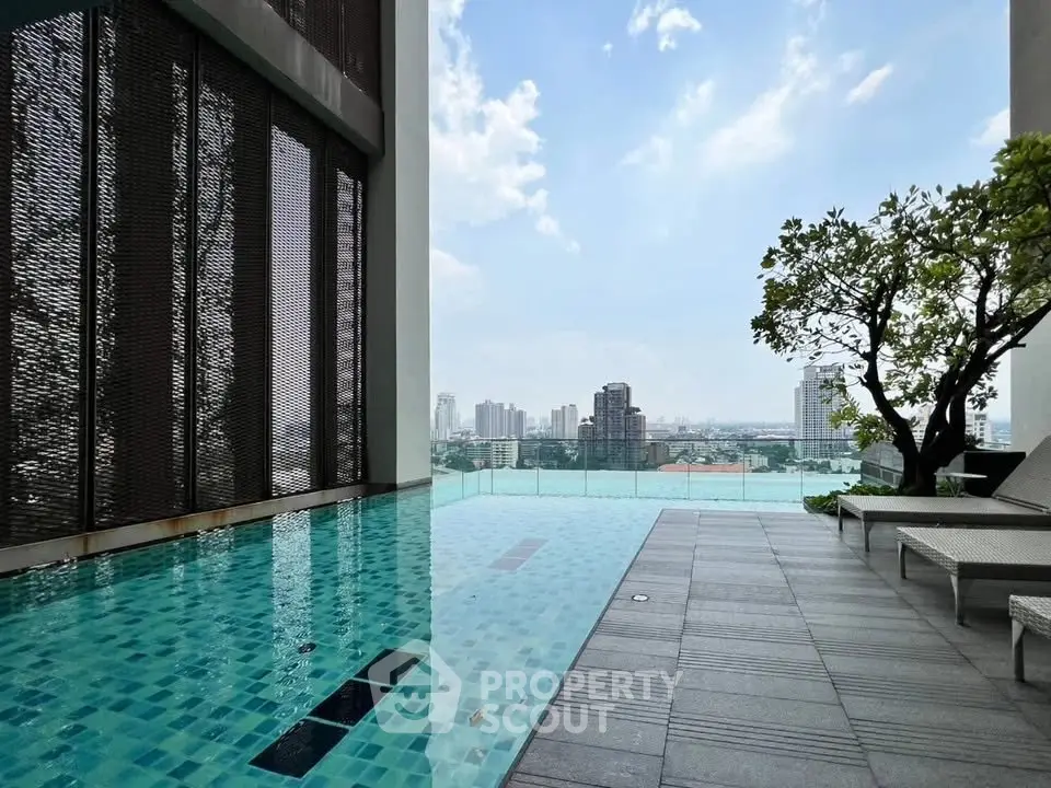 Luxurious rooftop pool with stunning city skyline view, perfect for relaxation and leisure.