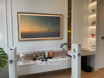 Modern living room with stylish decor and advanced audio system